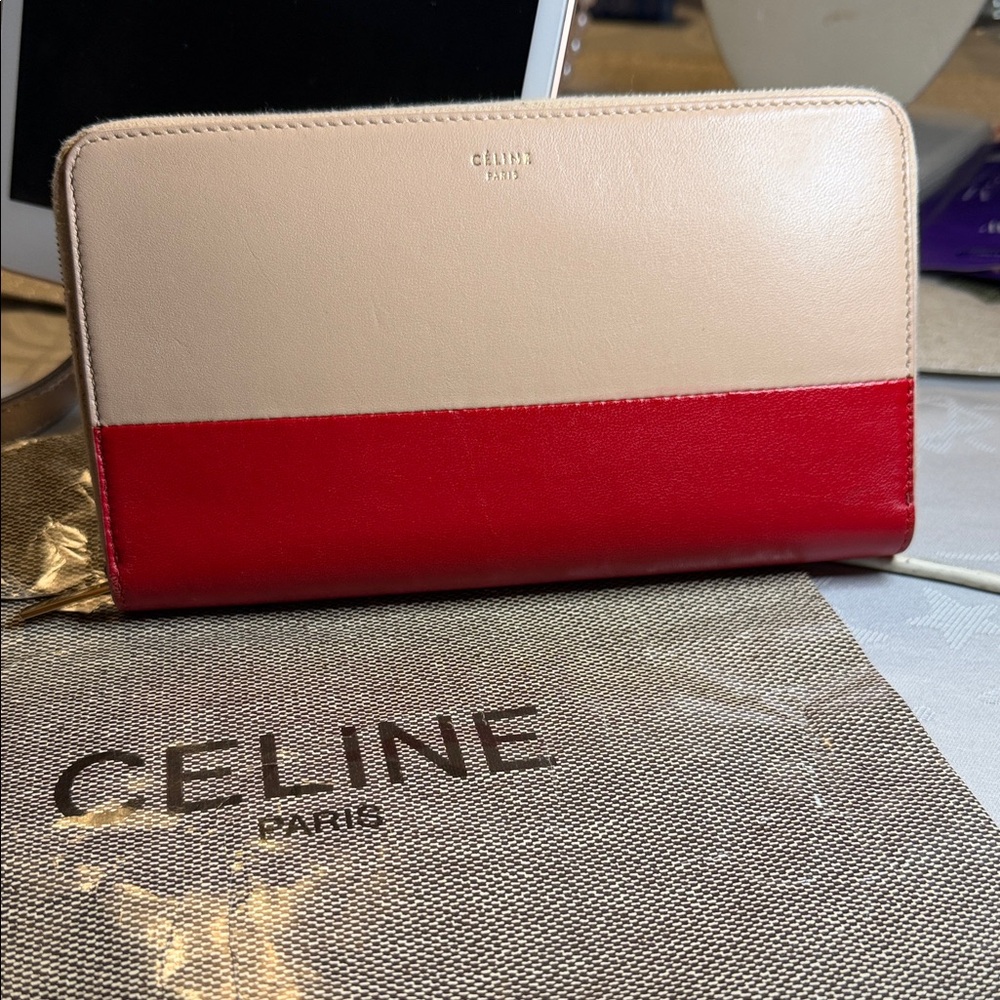 Celine Two-Tone Zip Wallet in Beige and Pinkish Red
